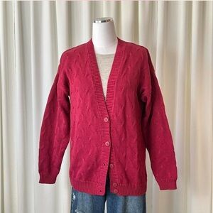 Vintage 100% Cotton Cable Knit Cardigan Made in USA deep Pink M.